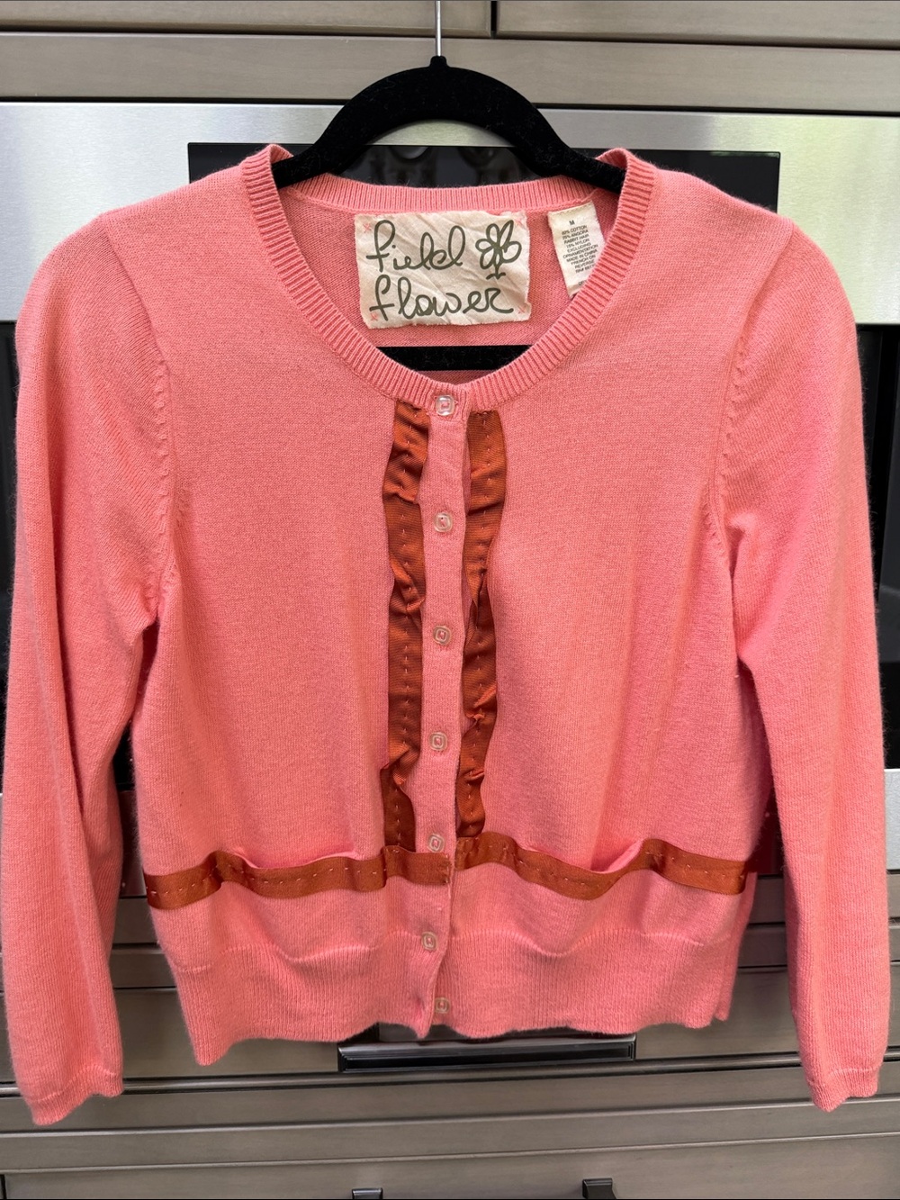 Anthropologie Field Flower Pink Ruffle-Trim Cashmere Blend Cardigan Sz M